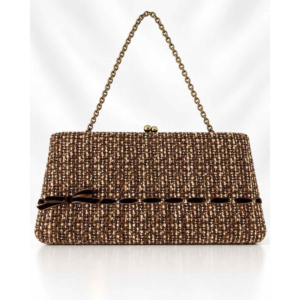 Vintage 70s Worthington Kiss Lock Tweed Framed Clutch Chain Bag Brown Old Money